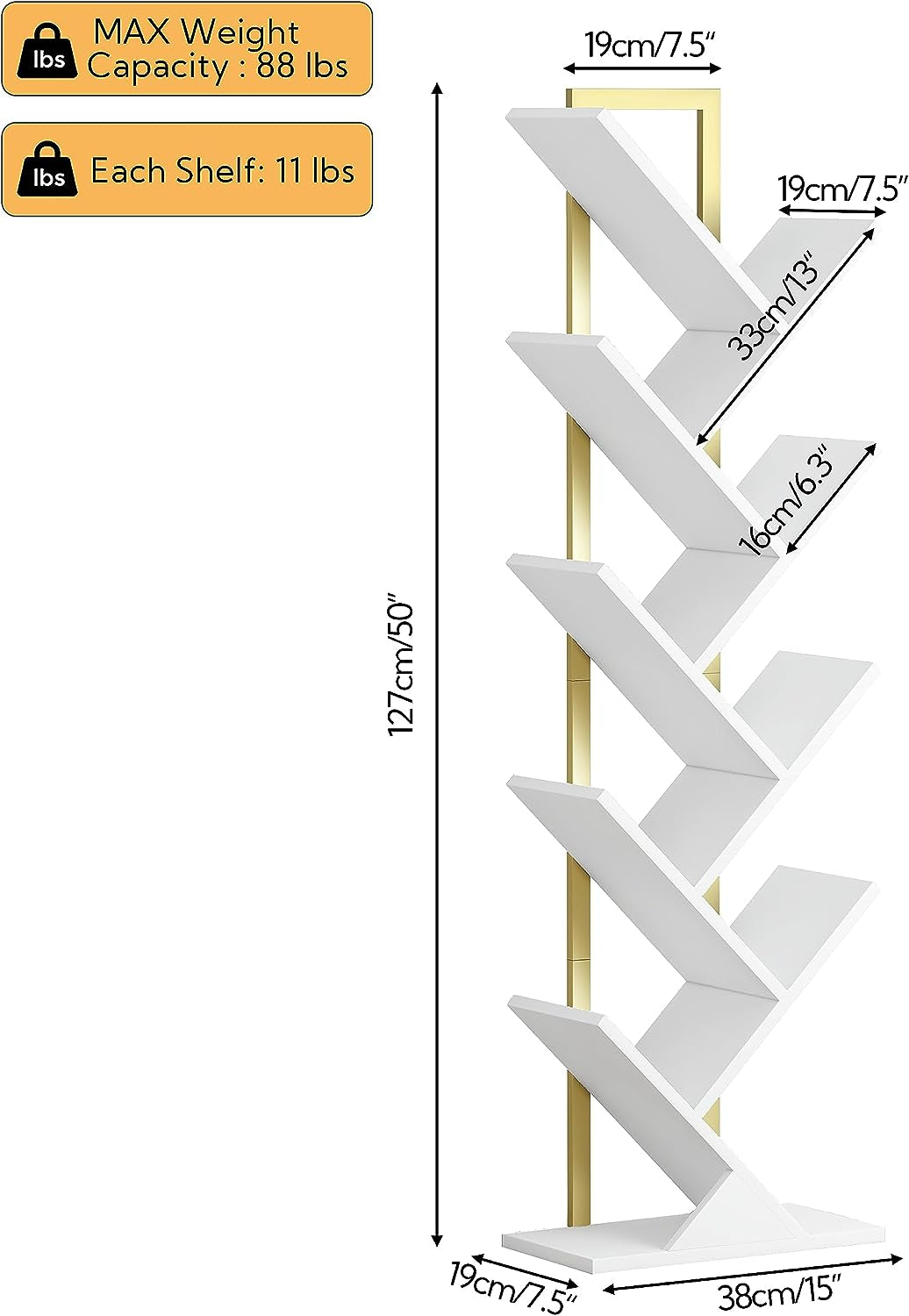 Geometric Tree Bookshelf with Steel Pipe - A Stylish Floor Standing Bookcase for Living Room, Bedroom, Home Office. Available in Gold and White.