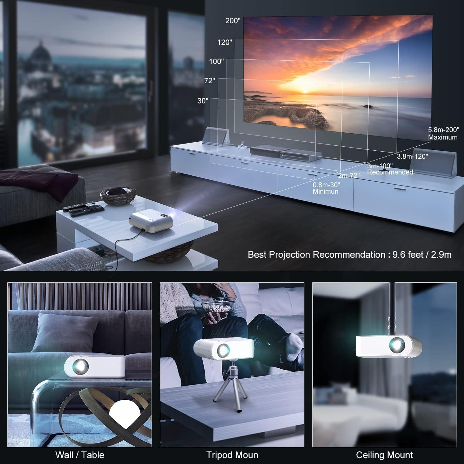 Portable Mini WiFi Projector - Includes Projector Screen, Supports 8500L Brightness and 1080P Full HD. Features Zoom and 250" Display for Outdoor Projection. Perfect Home Movie Projector compatible with Phone, TV Stick, HDMI, PS, USB, VGA, SD, and more.