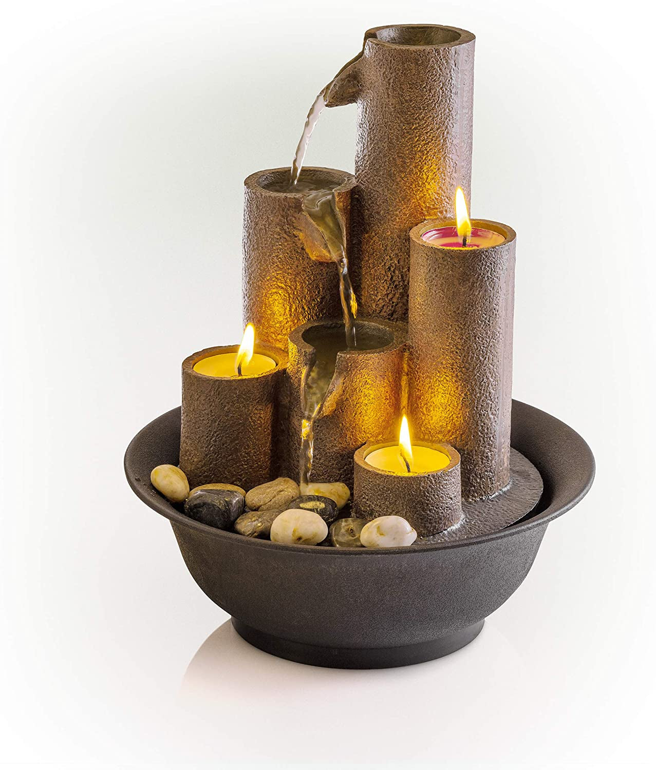 Tiered Column Tabletop Fountain with Three Candles, 11 Inches Tall in Brown