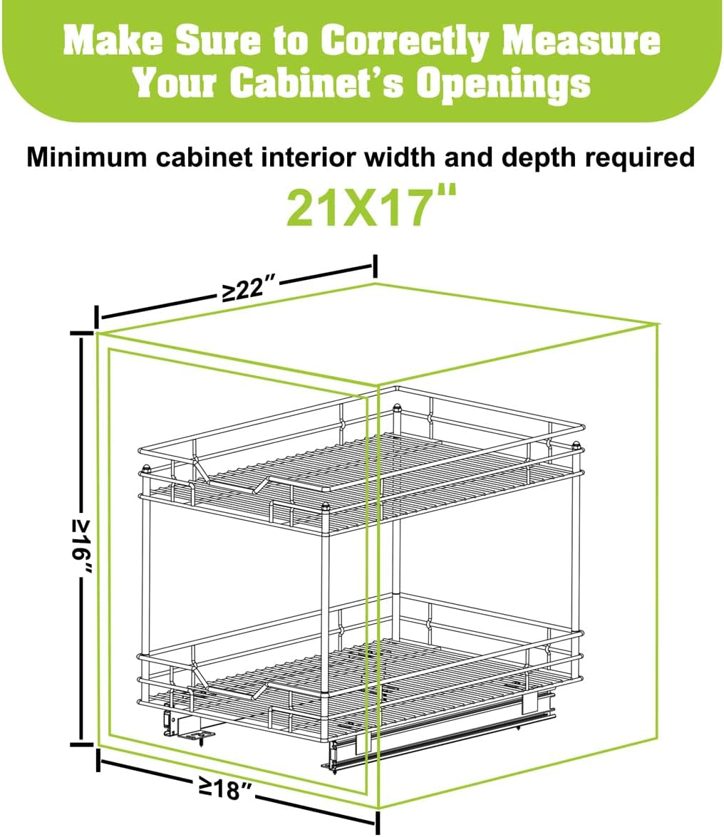 2-Tier Heavy-Duty Pull-Out Cabinet Drawer Organizer - 21''Dx17''W - Designed for Cabinets with a Minimum 18” Opening, Wire Frame with Chrome Finish