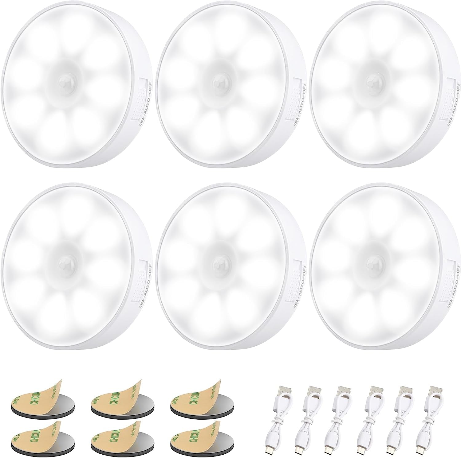  6 Pack Rechargeable Motion Sensor Light with 8 LEDs, USB Cables, and Magnetic Patch - Wireless Wall Lamp for Stair, Bedroom, Toilet, Hallways (6000K Cold White)
