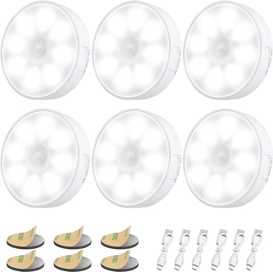  6 Pack Rechargeable Motion Sensor Light with 8 LEDs, USB Cables, and Magnetic Patch - Wireless Wall Lamp for Stair, Bedroom, Toilet, Hallways (6000K Cold White)