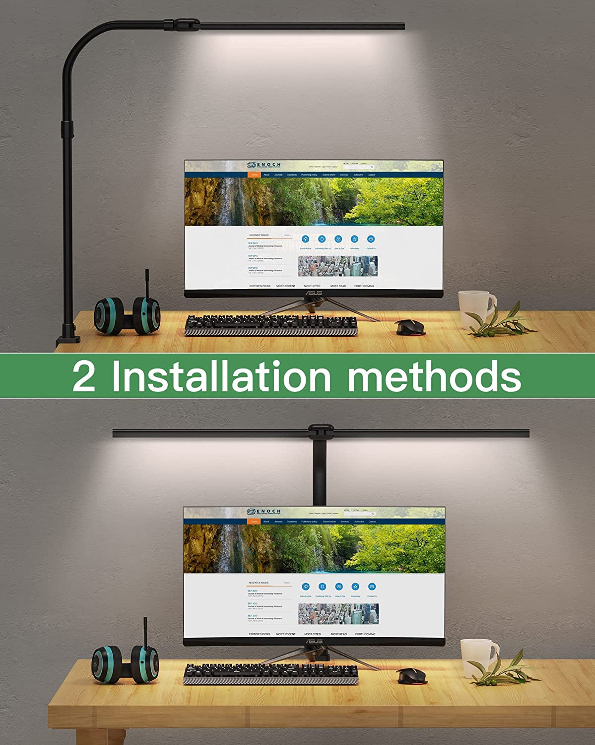 Desk Lamps for Home Office - Wide Double Head Architect Desk Lamp with Clamp, Eye-Caring Computer Monitor Light (32 Inch)