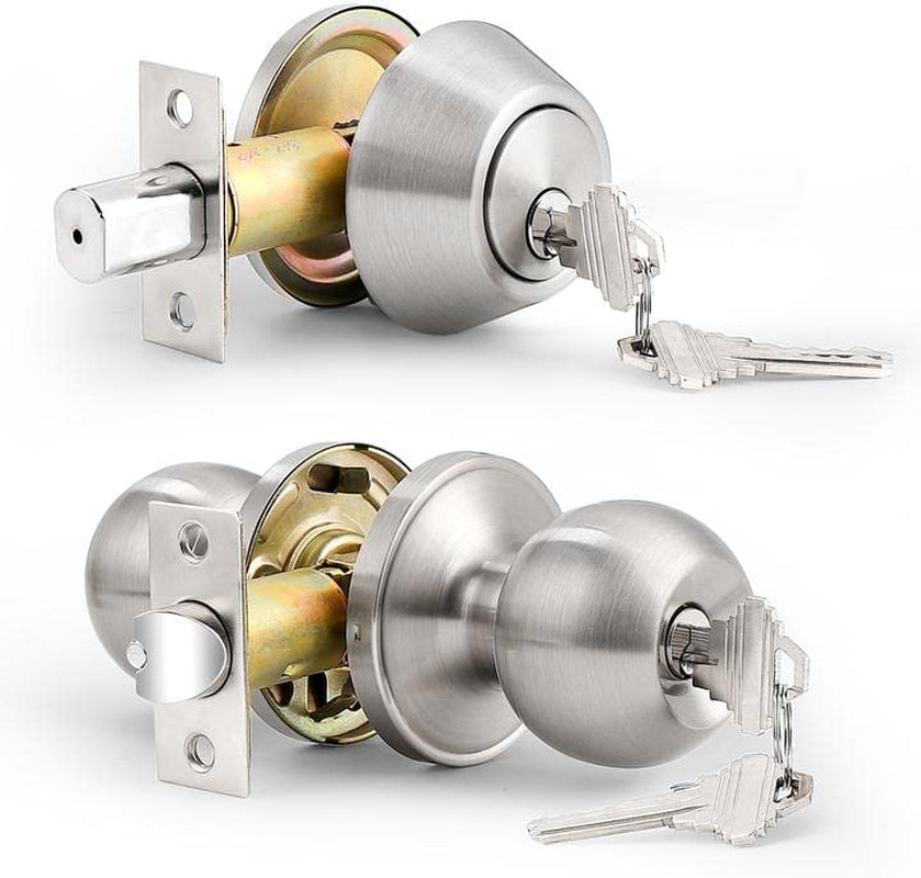Entry Door Knob and Deadbolt Lock Set - Includes 3 Sets of Handlesets with Single Cylinder Deadbolts Keyed Alike. Suitable for Right or Left-Handed Doors, for both Exterior and Interior Use.