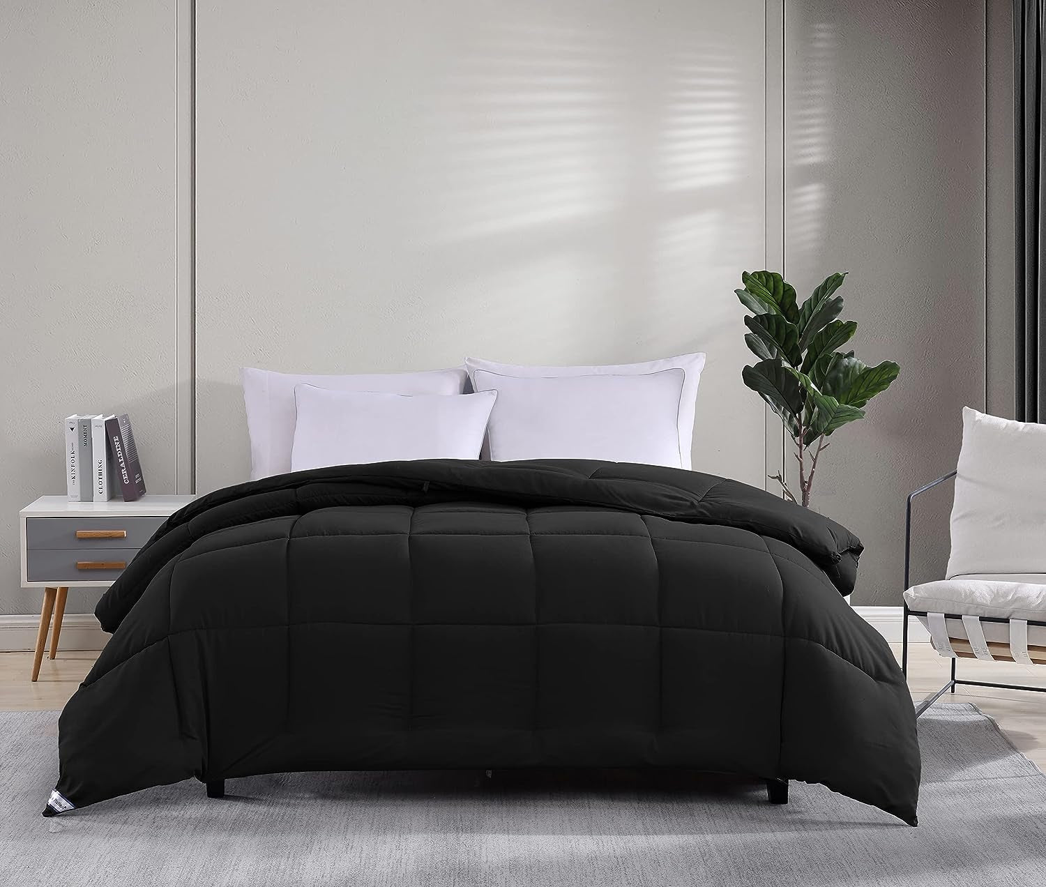 Queen Comforter Duvet Insert in Black - Hypoallergenic, Plush Down Alternative, Machine Washable. Can be used as a Duvet Insert or as a Stand-Alone Comforter for Queen-sized beds.
