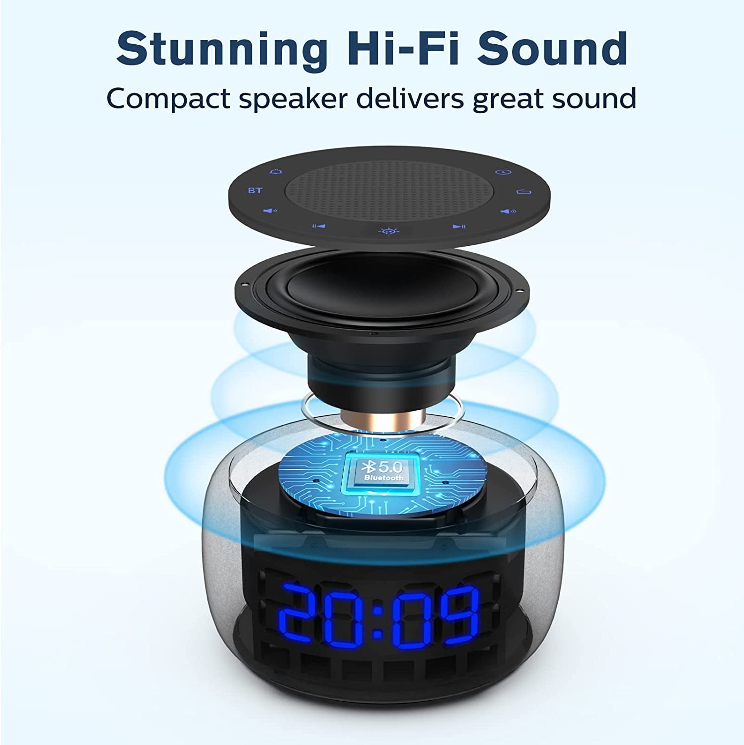 Bluetooth Speaker Alarm Clock with FM Radio - Hi-Fi Sound, Dimmable Display, Wall-Powered Alarm Clock Radio for Bedroom