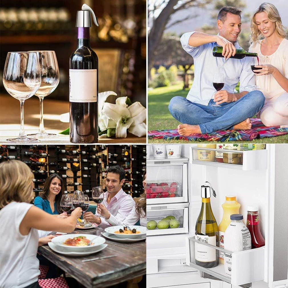 Set of 3 Reusable Stainless Steel Wine Stoppers - Vacuum Sealer to Preserve Wine and Champagne Freshness - 1.6 x 3.7 inches