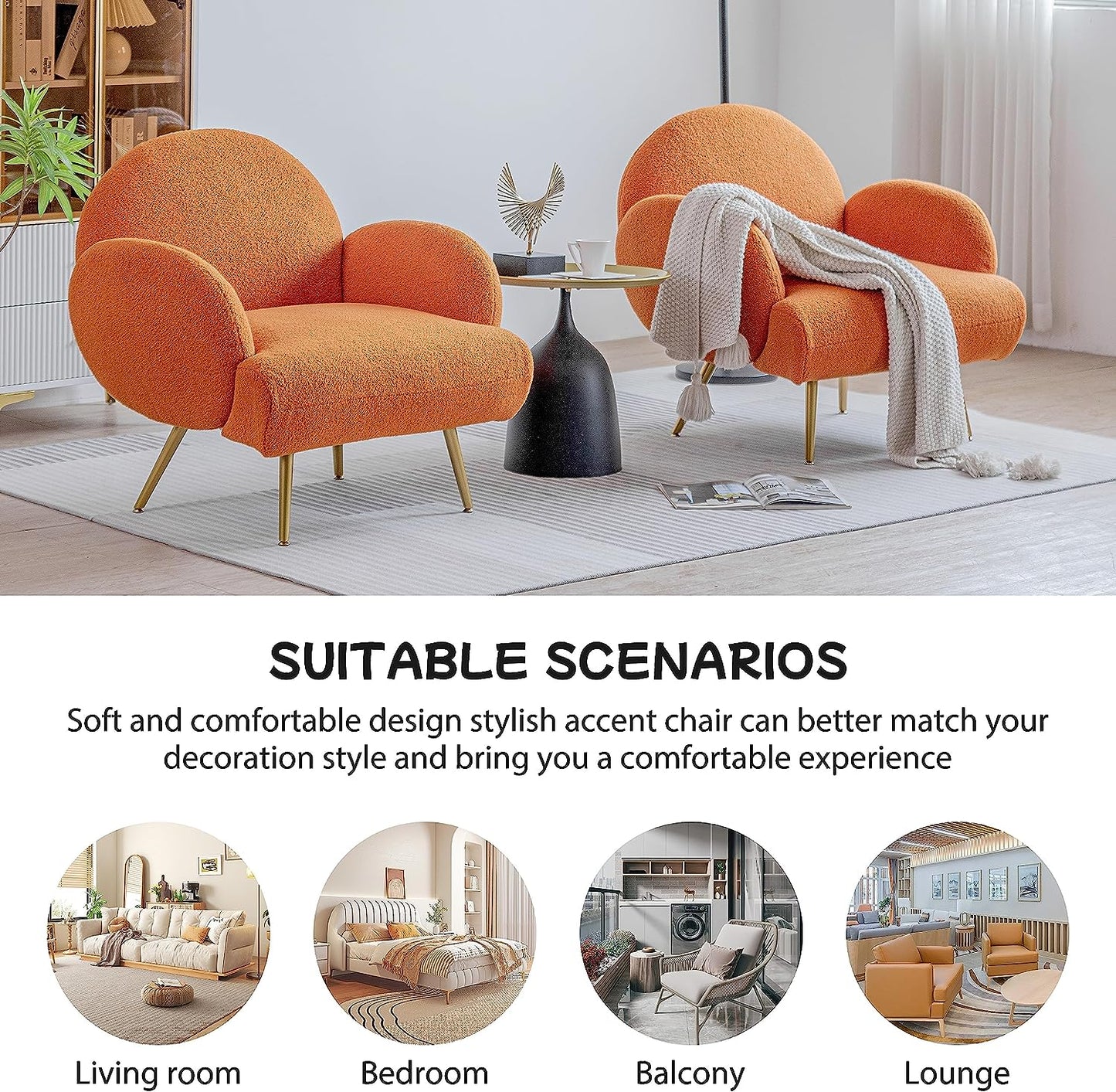 Orange Accent Sherpa Chair - Comfy Modern Armchair with Golden Metal Legs Mid-Century Sofa Chair