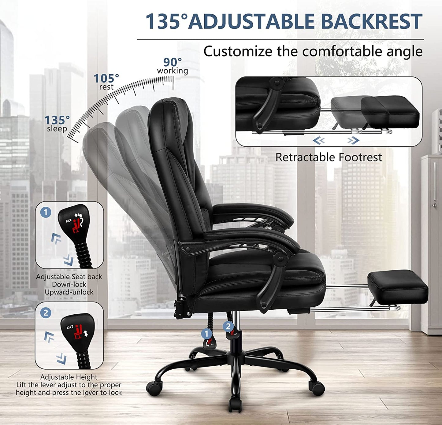 Executive Office Chair for Big and Tall Individuals - Features a Reclining Leather Chair with a Footrest, High Back, Lumbar Support, Ergonomic Design, and Padded Armrests, Suitable for Home Office Use. Available in Black.