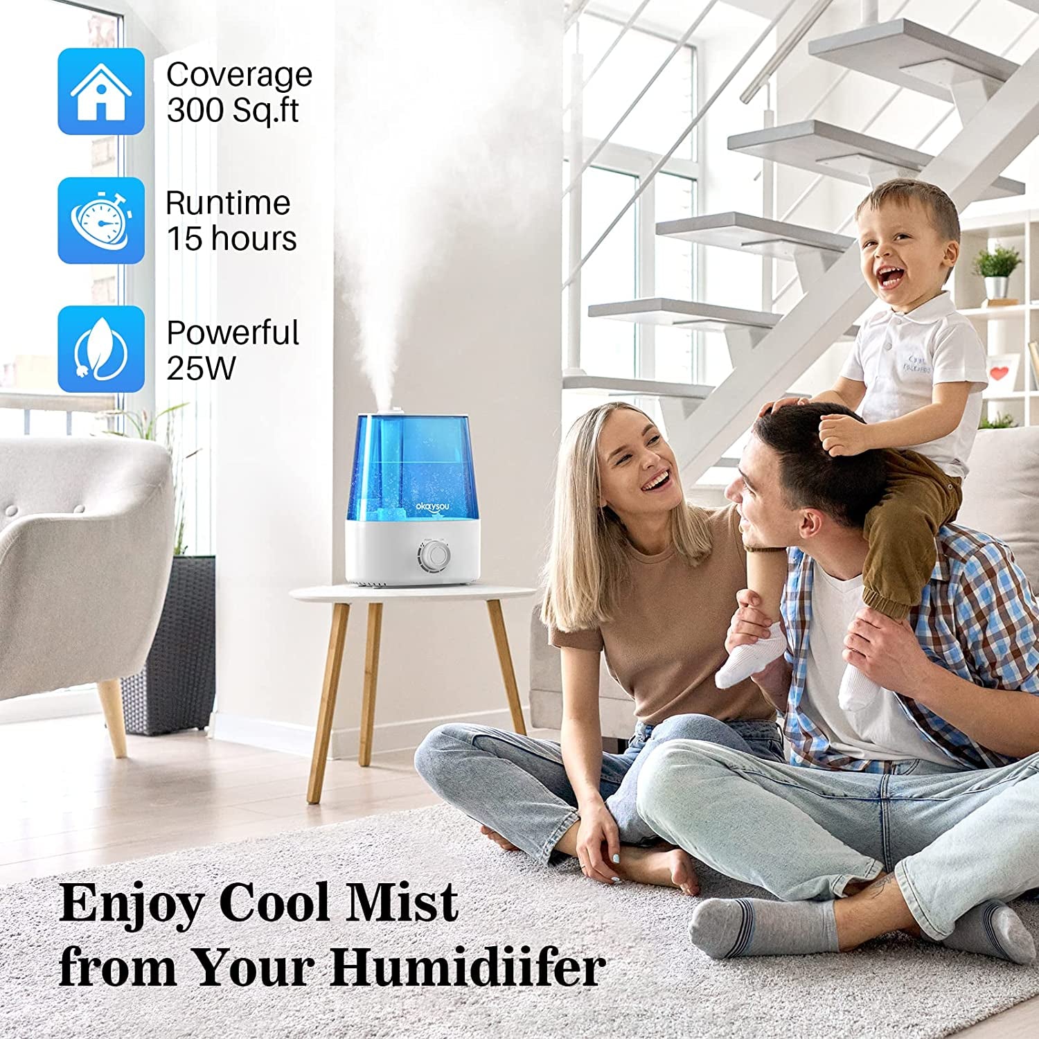  Large Room Humidifier with Essential Oil Diffuser, 2.2L Capacity, Quiet Cool Mist Ultrasonic Technology, 360° Mist Nozzle, Easy-Fill Tank, Auto Safety Shut-off, Blue Color