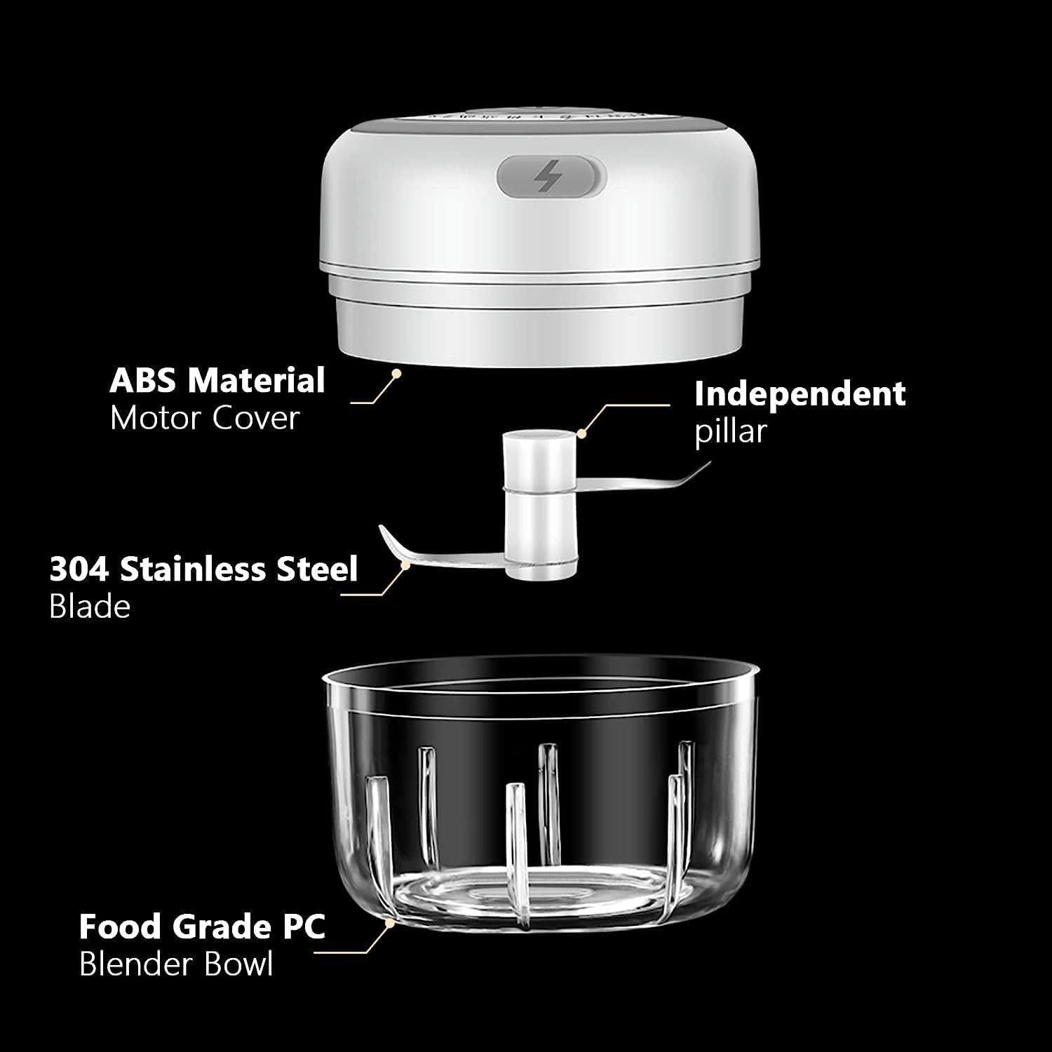 Mini Electric Food Processor: Perfect Kitchen Tool for Chopping Vegetables, Pepper, Onion, Garlic, Ginger, Spices, Meat, and Making Baby Food. It has a 250ML capacity, is USB rechargeable, and measures 3.42 x 3.8 inches.