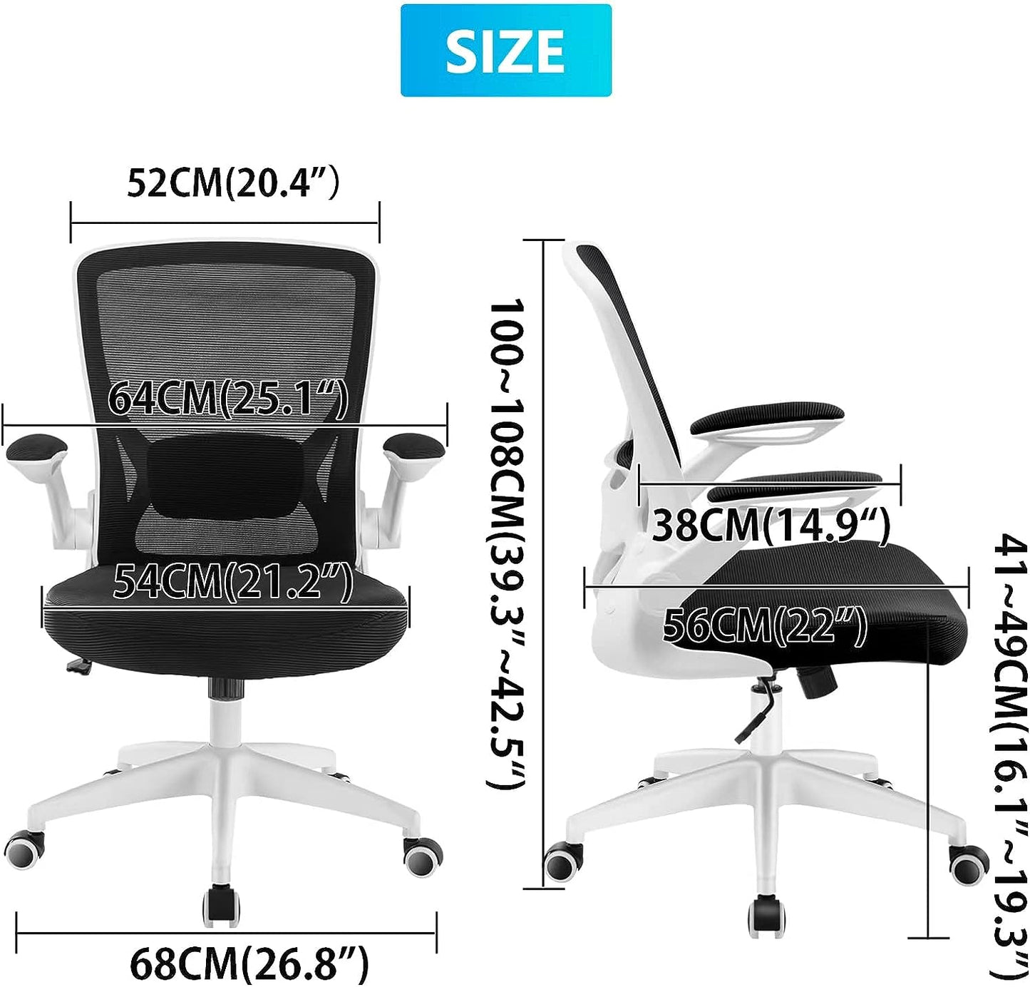 Ergonomic Office Chair - Breathable Mesh Design with Lumbar Support - Features Wheels and Flip-Up Arms - Swivel Task Chair - Adjustable Height - Suitable for Home or Gaming Use - Color: White