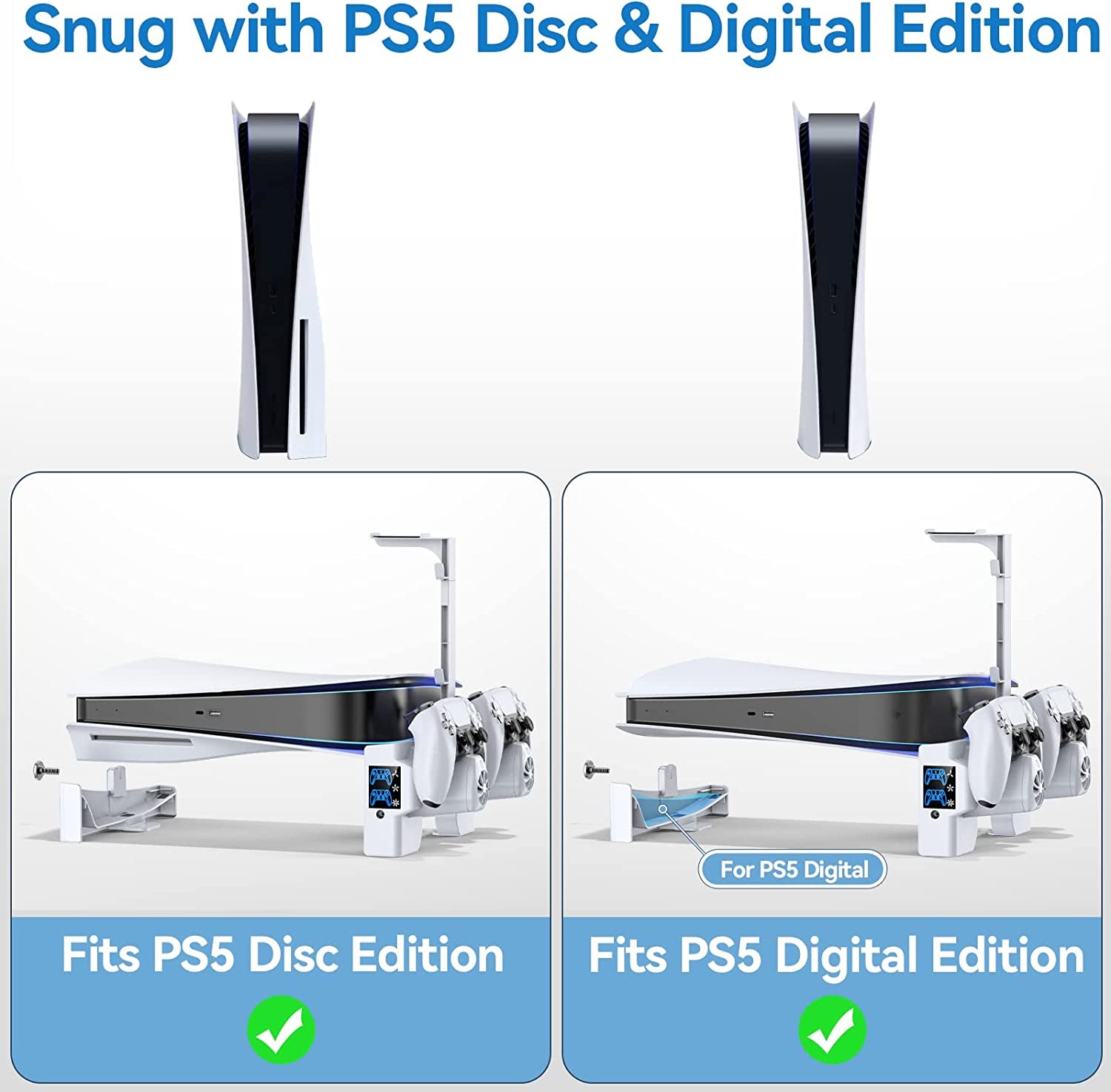 Playstation 5 (PS5) Horizontal Stand with 3-Level Cooling Fans - Enhanced Cooling Solution for PS5 Console, Controller Charging Station Designed for PS5 Edge Controller, PS5 Cooling Station with Headset Holder