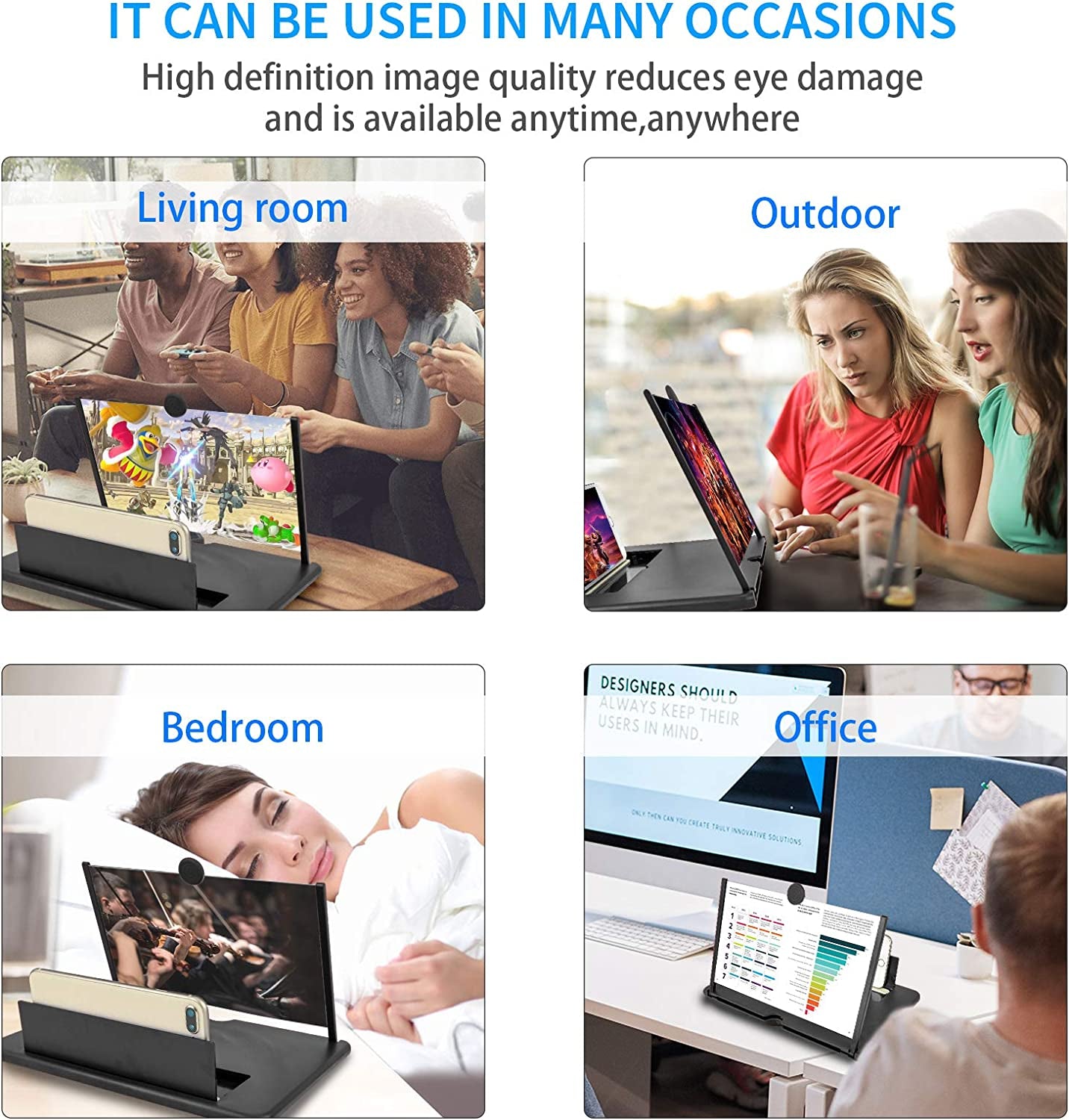 12-Inch Phone Screen Amplifier: HD Mobile Phone Screen Magnifier with Pull-Out Design for Enlarging Movies and Videos. Offers Anti-Blue Ray Eye Protection and includes a Foldable Stand Holder. Compatible with All Smartphones. (Black)