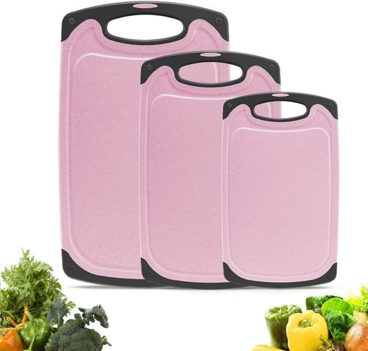  3-Piece Kitchen Cutting Board Set - Durable Plastic Chopping Boards with Juice Grooves, BPA-Free, and Dishwasher Safe - Pink