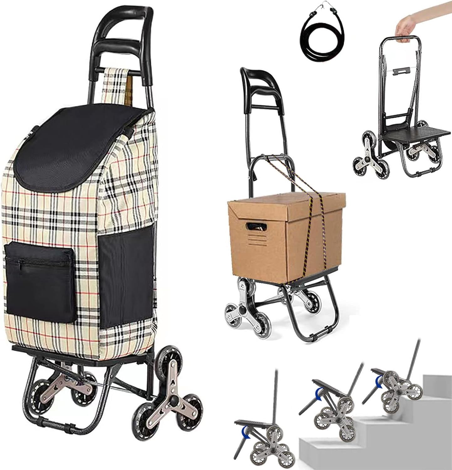  Folding Shopping Cart with Tri-Wheels, Stair Climbing Capability, and Stainless Steel Frame - Grocery Utility Cart with Detachable Waterproof Canvas Bag and Wheel Bearings