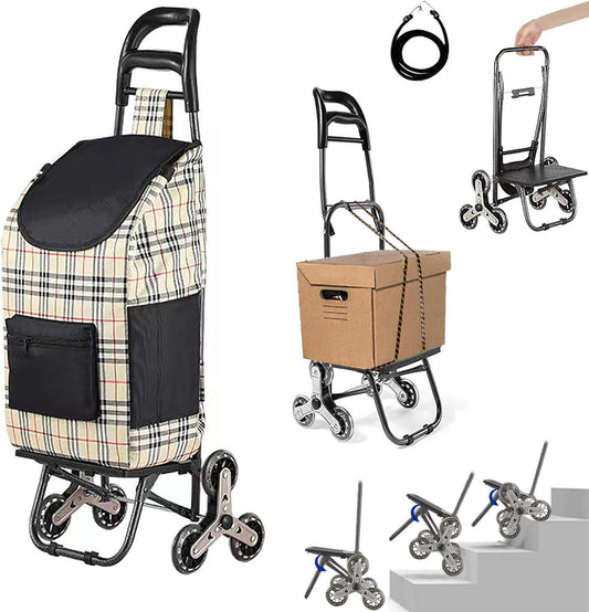  Folding Shopping Cart with Tri-Wheels, Stair Climbing Capability, and Stainless Steel Frame - Grocery Utility Cart with Detachable Waterproof Canvas Bag and Wheel Bearings