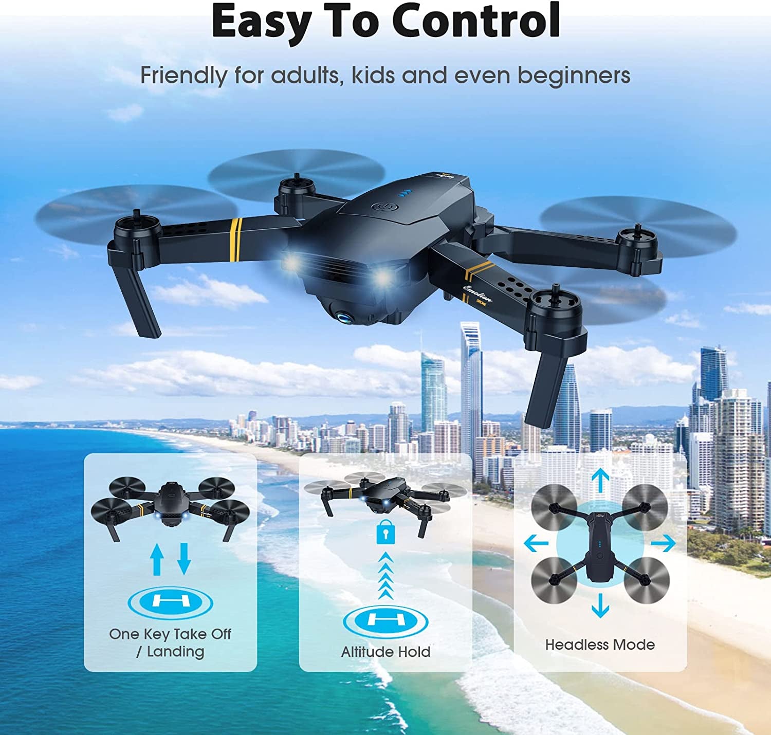 Foldable RC Quadcopter Drone with Camera - 1080P HD FPV Video Drone for Adults and Beginners, Comes with 2 Batteries, Carrying Case, One Key Start, Altitude Hold, Headless Mode, and 3D Flips Feature, Suitable for Kids' Toys and Recreational Flying.