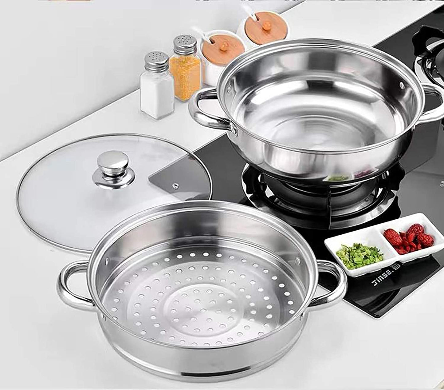 Stainless Steel 2-Tier Steamer Pot - 28cm Steamer Pot with Glass Lid for Cooking Vegetables, Dim Sum, and More. Versatile Cookware and Kitchen Tool for Steaming in the Kitchen.