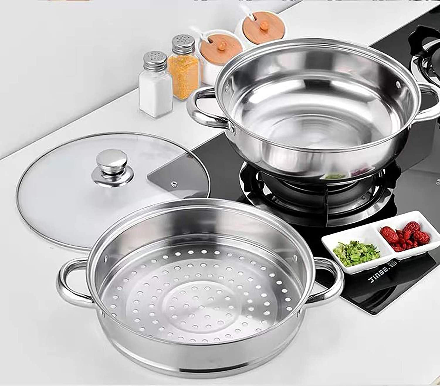 Stainless Steel 2-Tier Steamer Pot - 28cm Steamer Pot with Glass Lid for Cooking Vegetables, Dim Sum, and More. Versatile Cookware and Kitchen Tool for Steaming in the Kitchen.