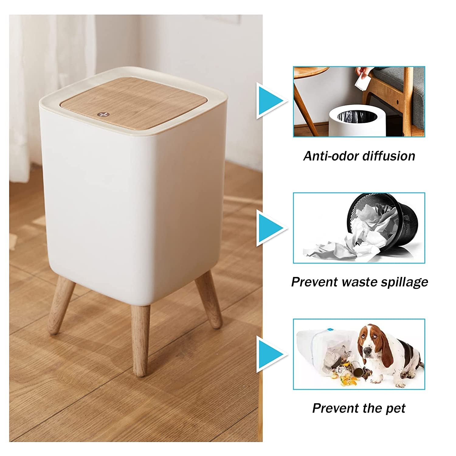 Bedroom Trash Can with Lid, Kitchen Garbage Can - Trash Bin with Push Button, Rubbish Bin for Office, Living Room, 1.8 Gallon and 0.5 Gallon,2 Pack