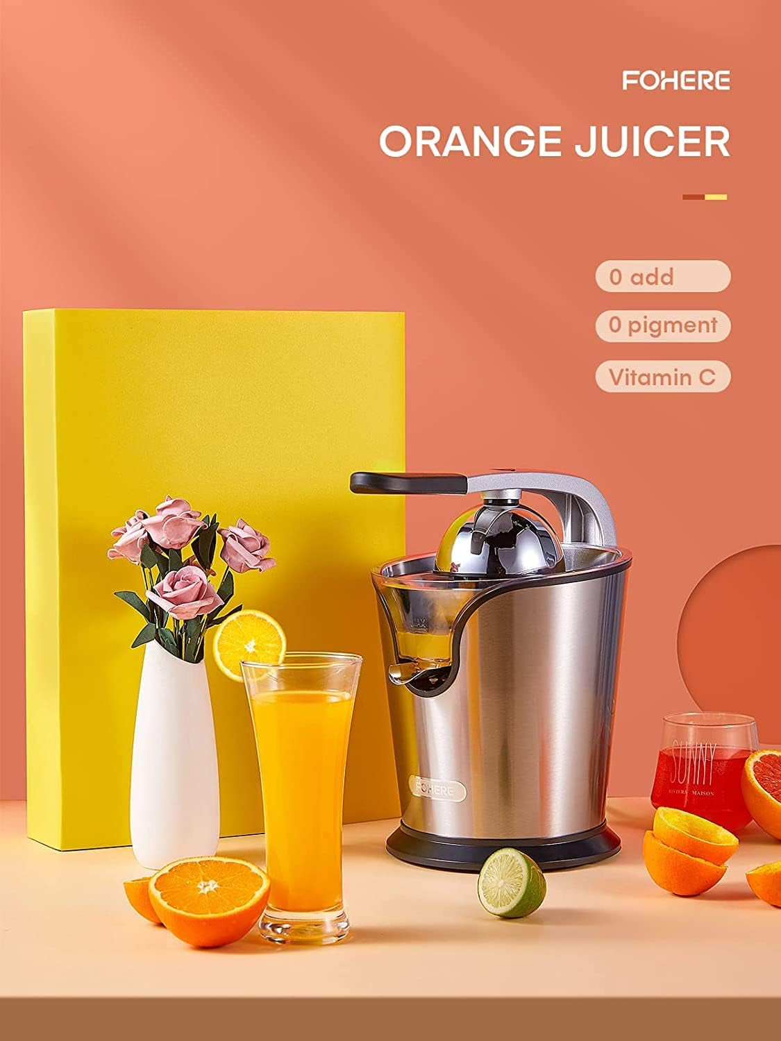 Compact Stainless Steel Electric Citrus Juicer - Citrus Press Juicer Squeezer with 2 Size Cones, Humanized Handle, Ideal for Oranges, Lemons, Grapefruits, and Limes.