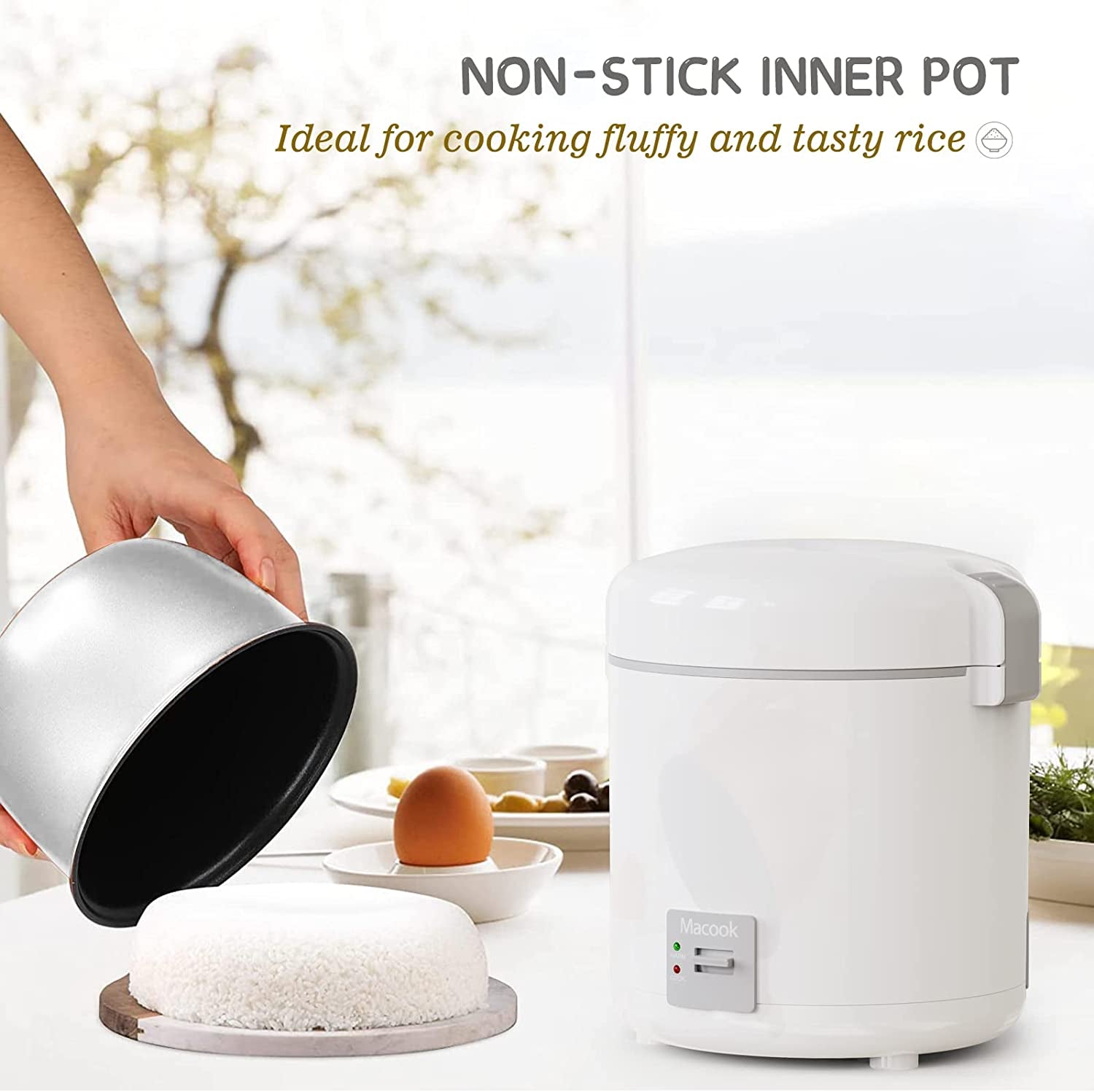 Small Rice Cooker: Cooks 1-1.5 Cups Uncooked (3 Cups Cooked) for 1-2 Persons. Includes Bento Box and Removable Nonstick Pot. Features One Touch and Keep Warm Function. Portable and Suitable for Soup, Grains, Oatmeal, and Veggies. Color: Gray.