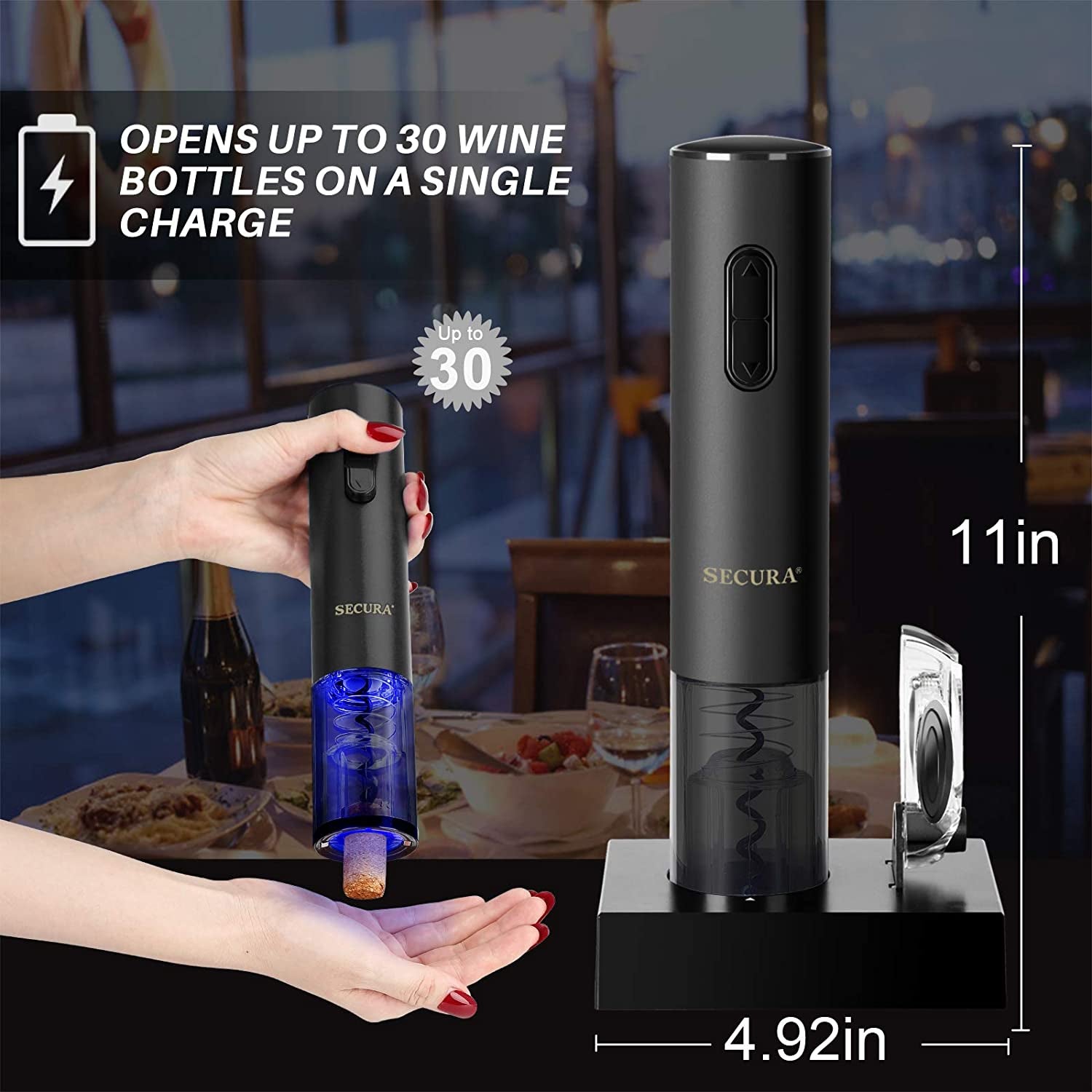 Rechargeable Automatic Electric Wine Bottle Corkscrew Opener with Foil Cutter (Black)