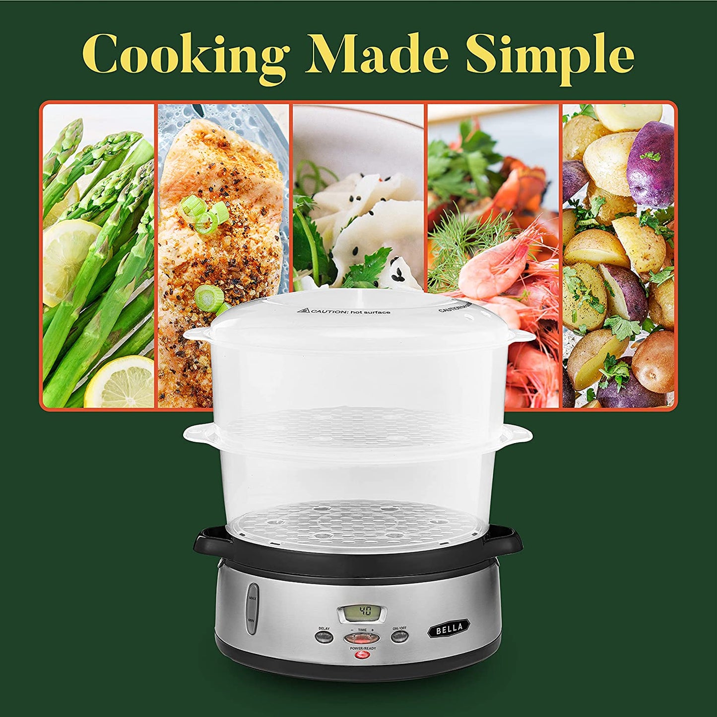 Triple Tier Digital Food Steamer - 9.5 QT Capacity, Healthy and Fast Simultaneous Cooking, Stackable Baskets for Vegetables or Meats, Includes Rice/Grains Tray, Auto Shutoff, and Boil Dry Protection. Made of Stainless Steel.
