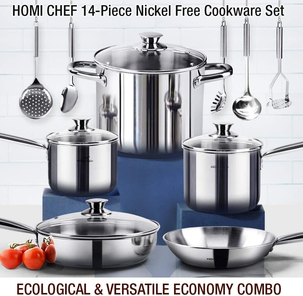 14-Piece Nickel Free Stainless Steel Cookware Set - Nickel Free Stainless Steel Pots and Pans Set - Stainless Steel Non-Toxic Cookware Set - Stainless Steel Healthy Induction Cookware Sets