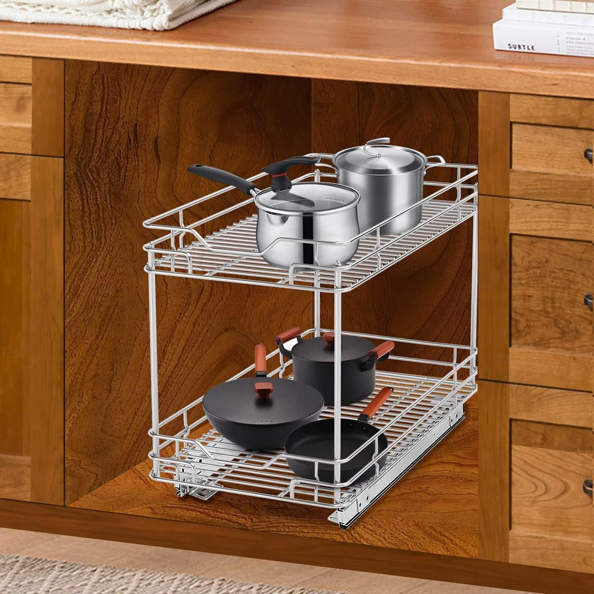 Heavy-Duty 2-Tier Pull-Out Cabinet Drawer Organizer - 21''Dx11''W - Designed for Cabinets with a Minimum 11” Opening, Wire Frame with Chrome Finish