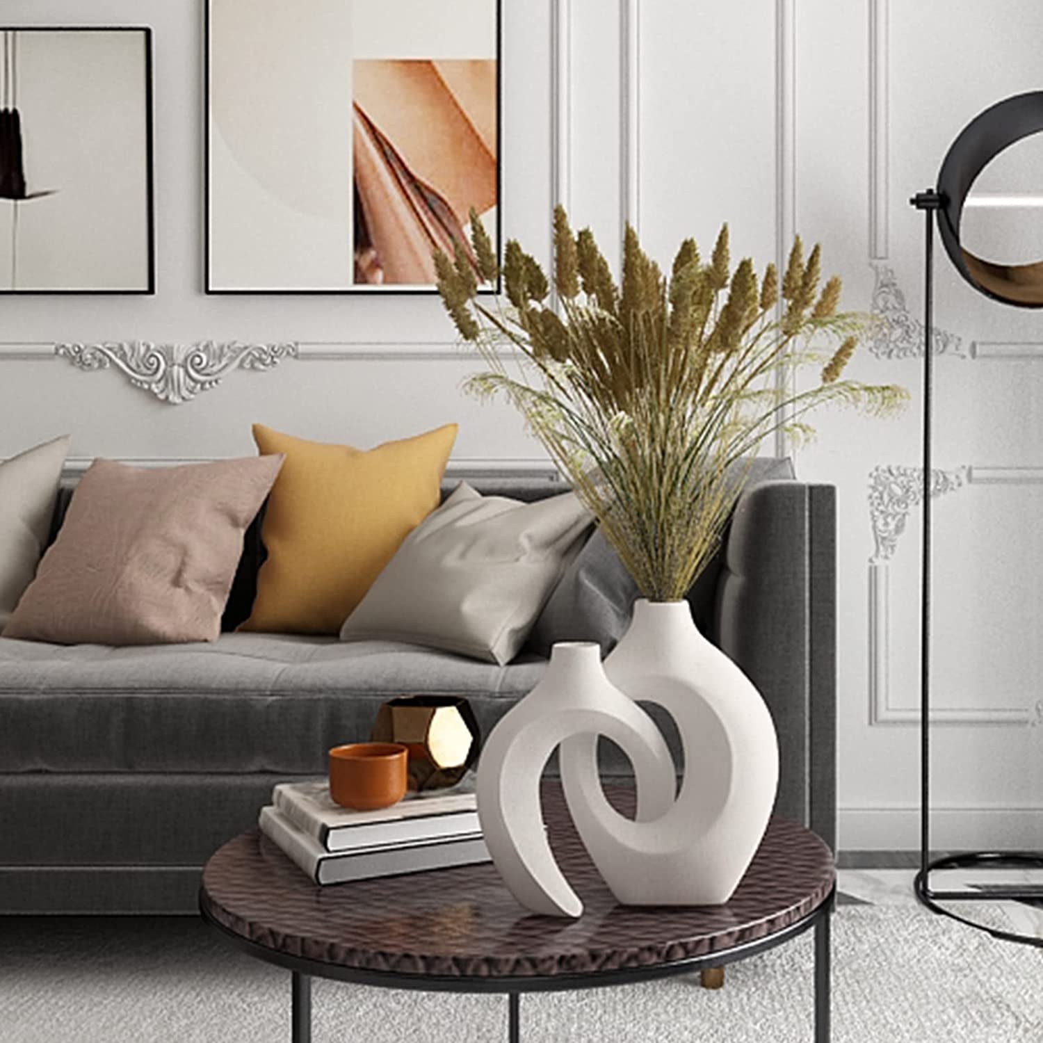 Set of 2 Ceramic Round Vases - Perfect for Pampas Grass and Dry Flowers. These Minimalist Vases add Decorative Elegance to Tables in the Living Room, Bedroom, Dining Room, Office, and more.