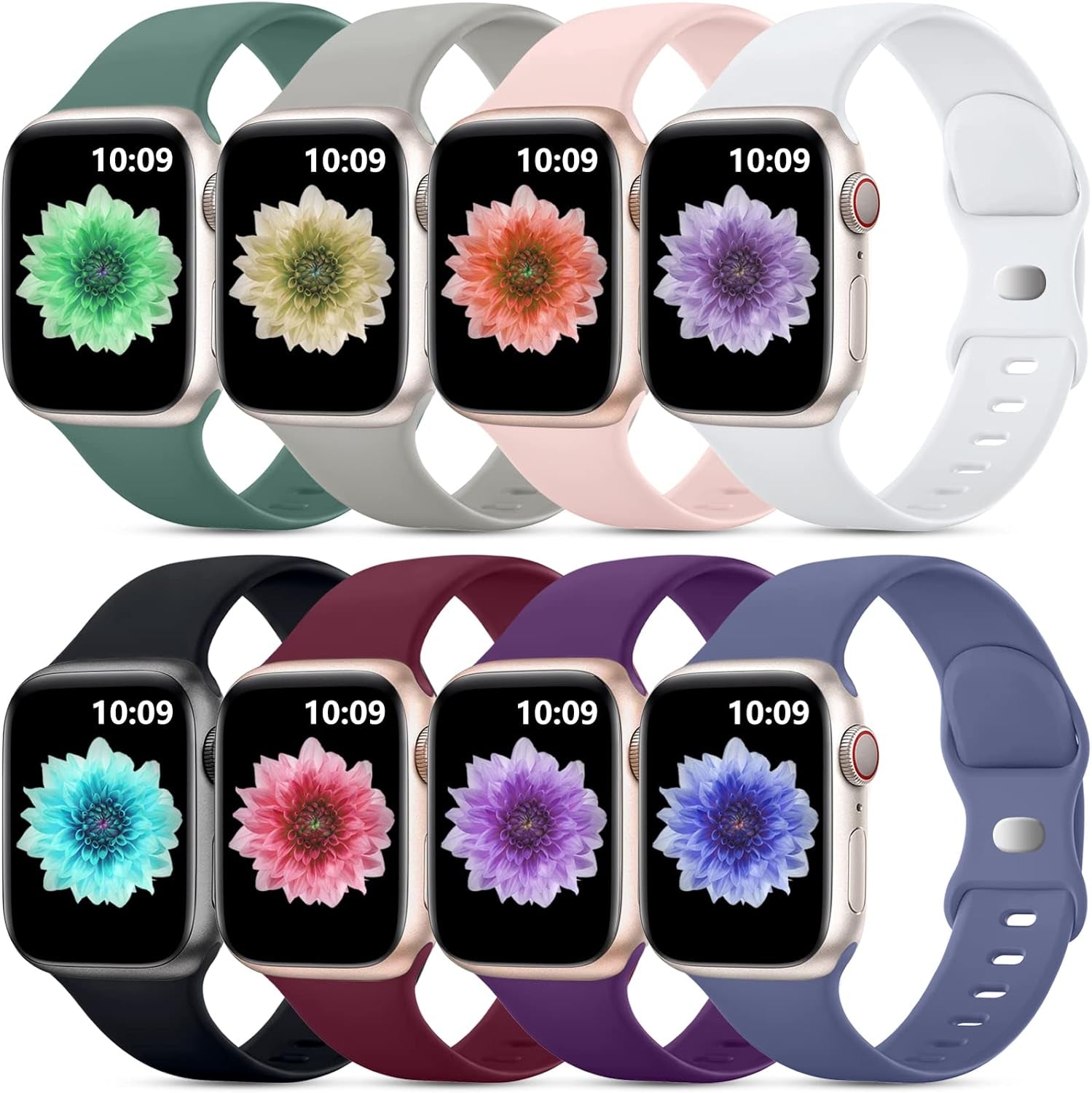 8 Pack Sport Band - Compatible with Apple Watch Band - for Apple Watch iWatch Series 9 8 7 6 5 4 3 2 1 SE - Soft Silicone Breathable Strap - Replacement Wristband - Designed for Women and Men - Available in 40mm, 38mm, 41mm, 42mm, 44mm, and 45mm Sizes"