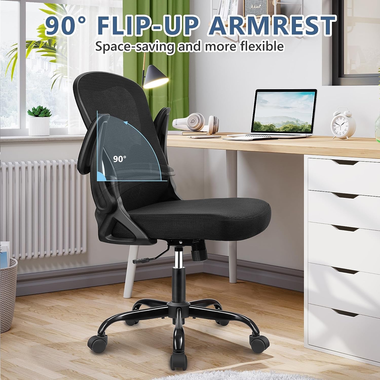  Ergonomic Mesh Office Chair with Adjustable Lumbar Support and Flip Up Armrest, Swivel Task Chair for Home Office, Mid Back Breathable Rolling Desk Chair (Black)