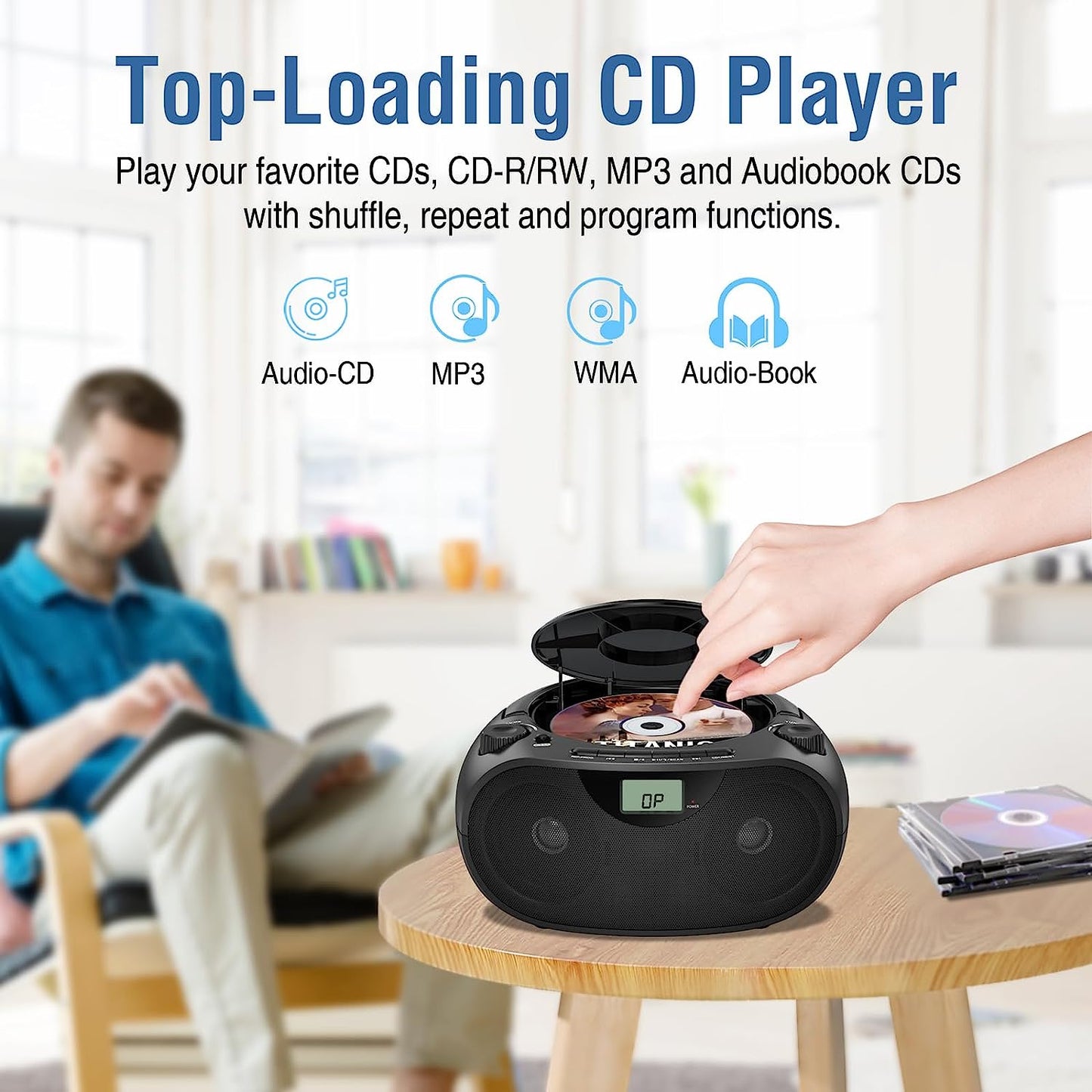 Portable Stereo CD Player Boombox - AM/FM Radio, Bluetooth, USB, AUX-in, Headphone Jack, CD-R/RW and MP3 CDs Compatible - Clear Sound with Bass Boost - AC/Battery Operated (Black)