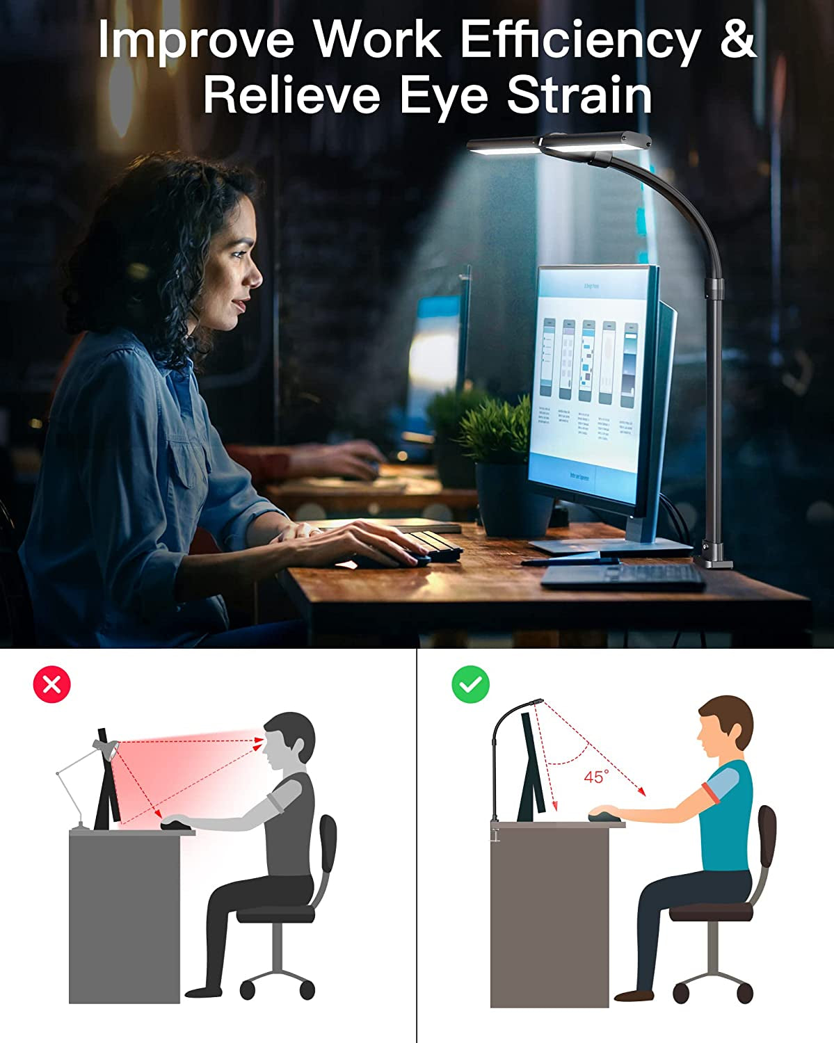 Desk Lamps for Home Office - Wide Double Head Architect Desk Lamp with Clamp, Eye-Caring Computer Monitor Light (32 Inch)