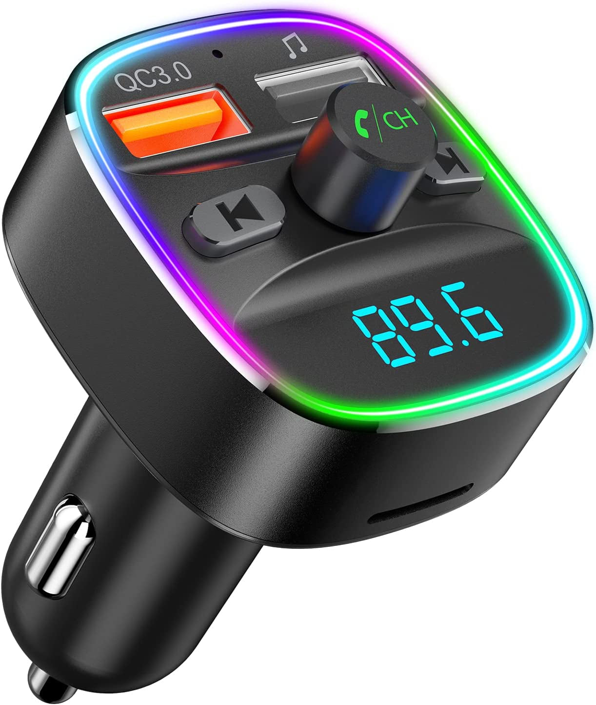 Bluetooth FM Transmitter for Car with Upgraded QC3.0 & 5V/1A Dual USB Charger, Wireless Radio Adapter with 7-Color LED Backlit Light, Hands-Free Calling, and USB Drive TF Card Support