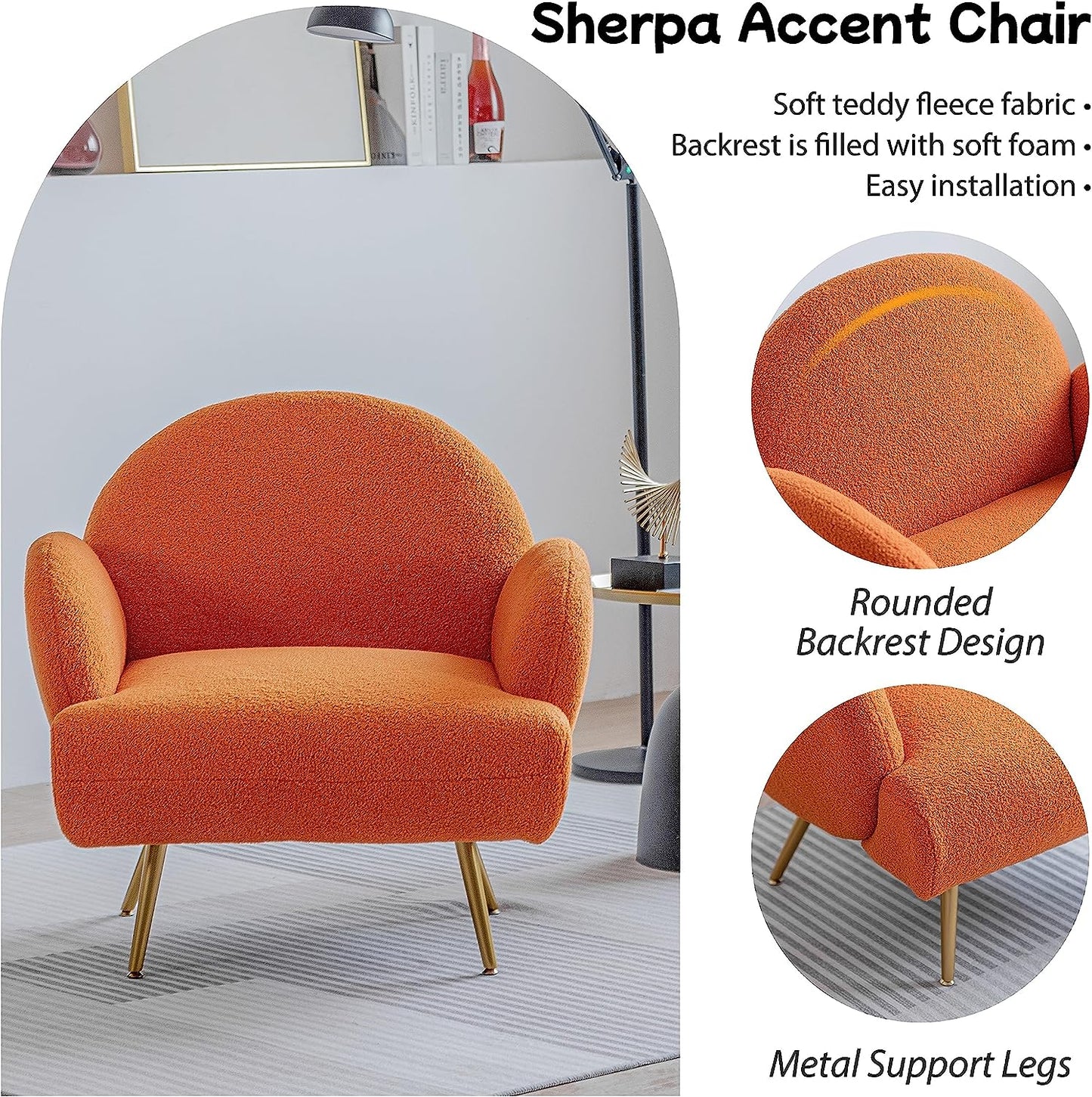 Orange Accent Sherpa Chair - Comfy Modern Armchair with Golden Metal Legs Mid-Century Sofa Chair