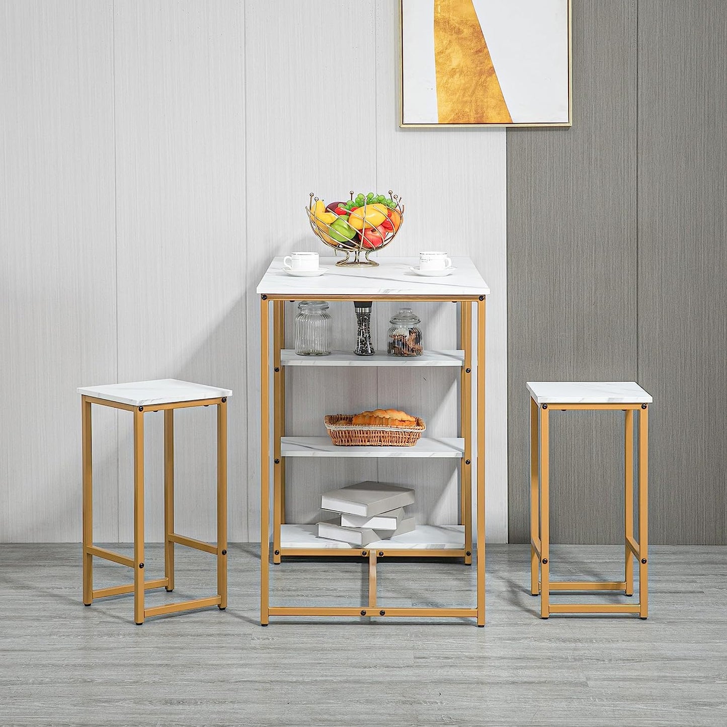 3 Piece Bar Table Set with 2 Stools, Ideal for Small Spaces, Featuring Storage Shelves and White Faux Marble Design