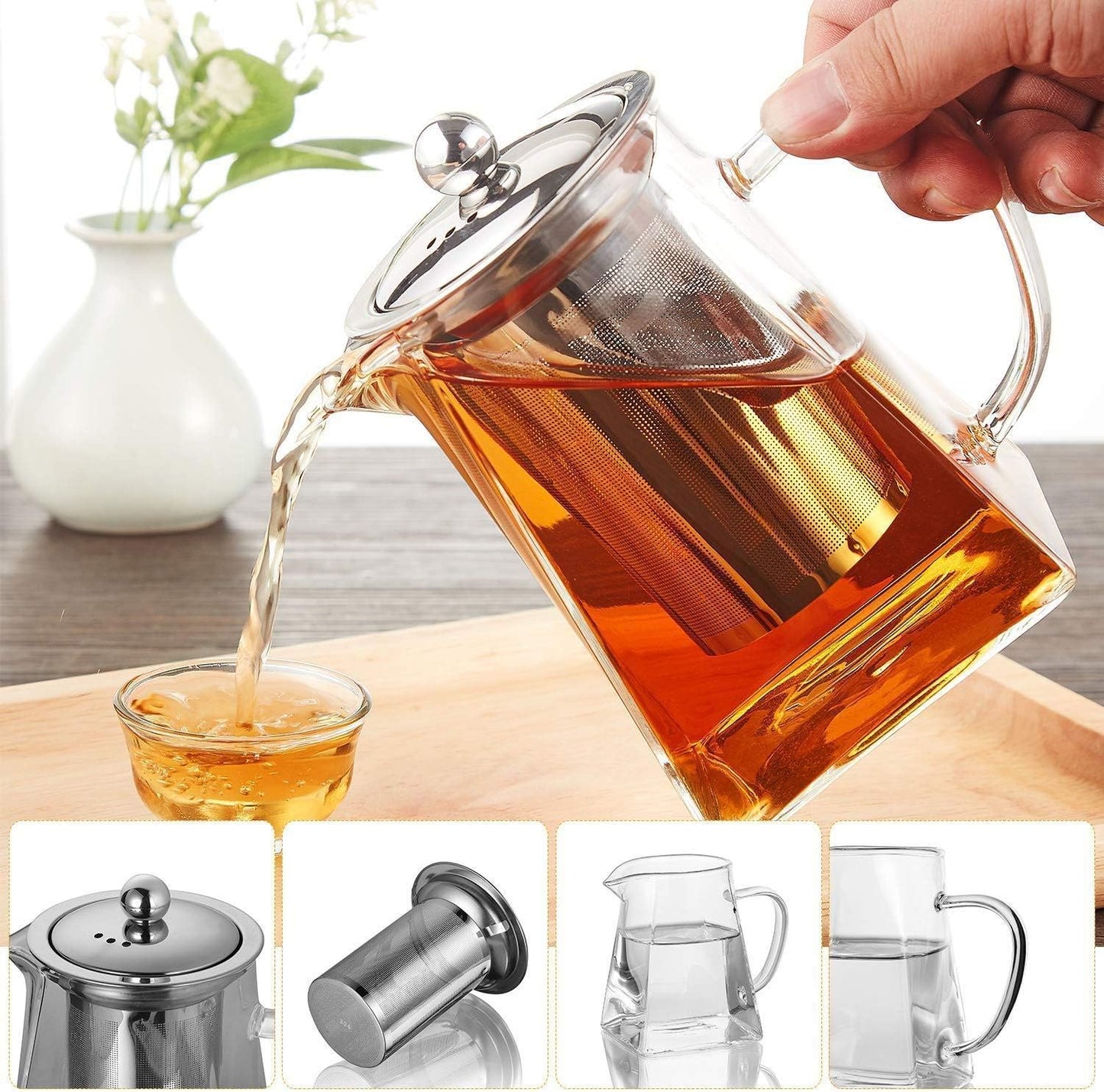 32 oz Square Glass Teapot for One with Stainless Steel Infuser - Ideal for Tea and Coffee, Clear with Strainer Lid. 