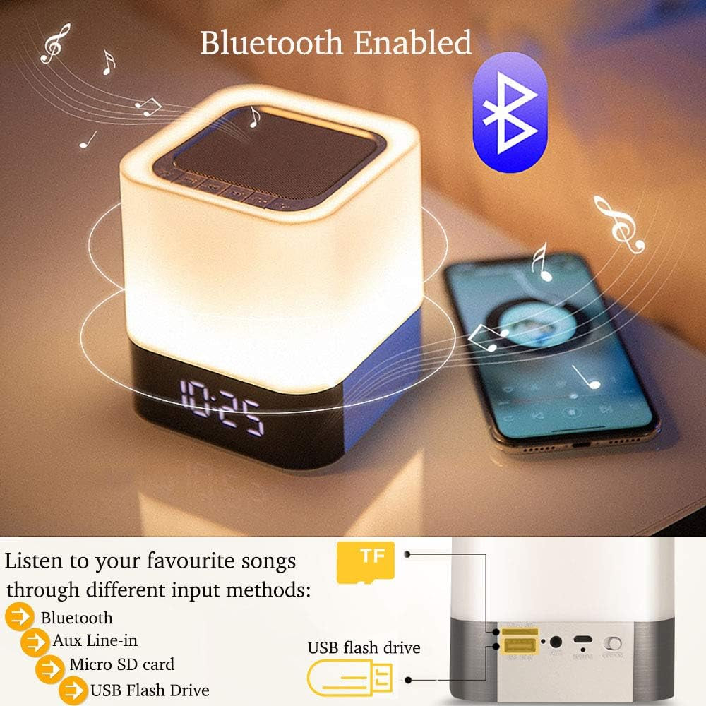 Night Lights Bluetooth Speaker: Combines an Alarm Clock, Wireless Bluetooth Speakers, and Touch Sensor Bedside Lamp. Enjoy Color Changing Night Lights for Kids, Mp3 Music Player, Speakerphone, and Supported Functions like TF Card and Aux-In.