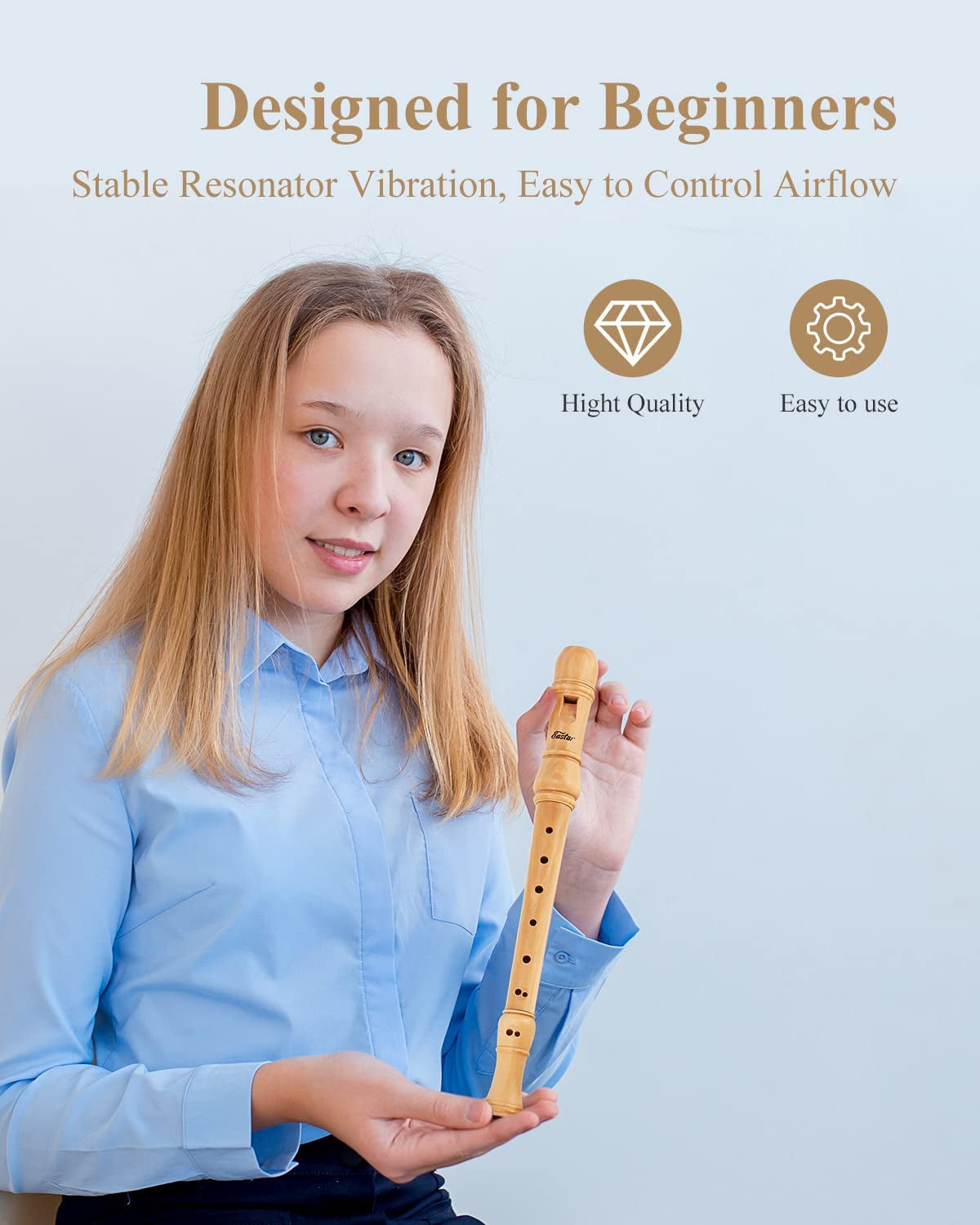 Soprano German Style Recorder for Beginner Kids - C Key Maple Wood 3 Piece Recorder Instrument with Hard Case, Fingering Chart, Cleaning Kit 