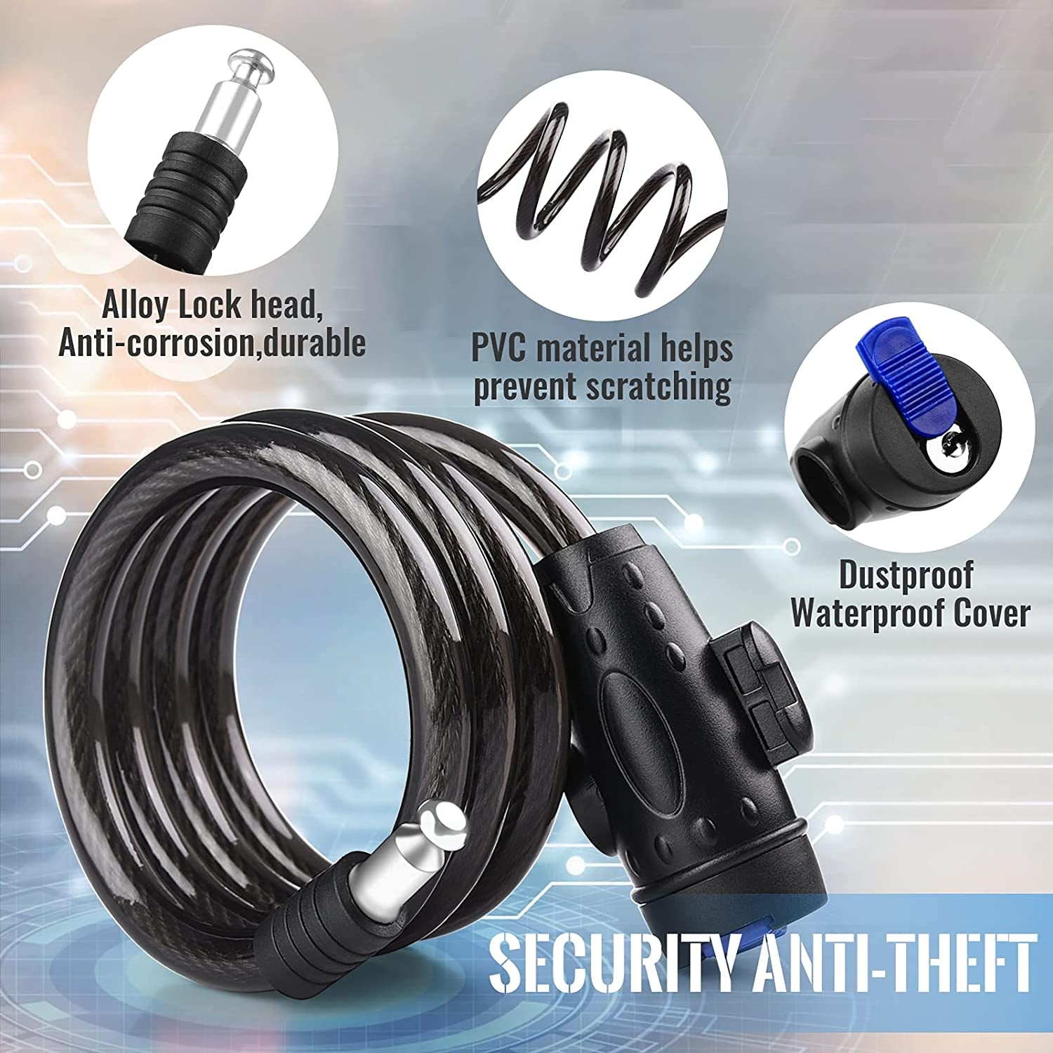 4ft Heavy Duty Bike Cable Lock with Mounting Bracket - Weatherproof Steel Coiled Key Lock for Bicycles, Motorcycles, Scooters, and Skateboards