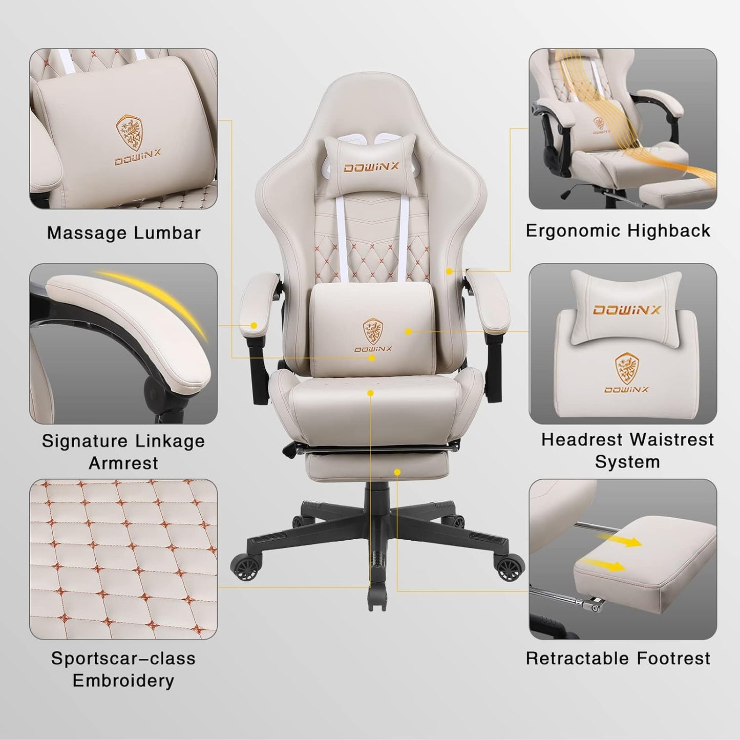 Gaming Chair Office Desk Chair with Massage Lumbar Support, Vintage Style Armchair, PU Leather E-Sports Gamer Chairs with Retractable Footrest in Milky White