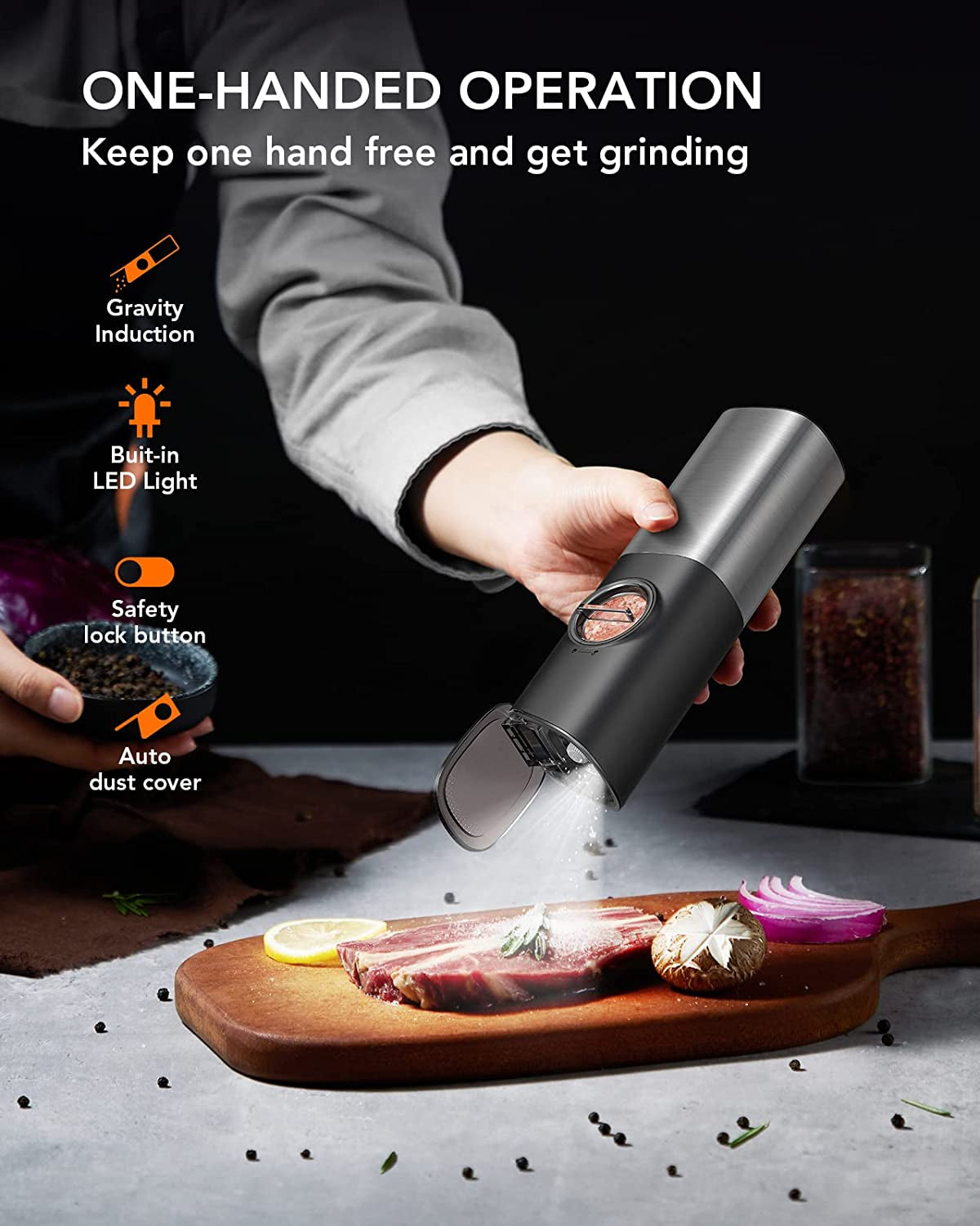 Rechargeable Salt and Pepper Grinder Set with Charging Base - Automatic Electric Pepper Mill, Adjustable Coarseness, Auto Dust Lids, LED Light, USB Type-C Cable - One-Handed Operation - Set of 2