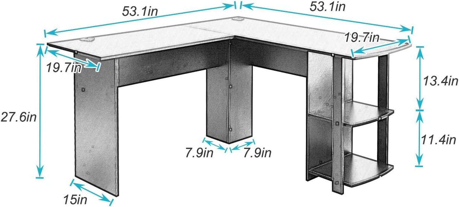 L-Shaped Computer Desk with Shelf - 59+51.2 inches L Desk Corner Computer Workstation Table with Desktop Shelf, Black 