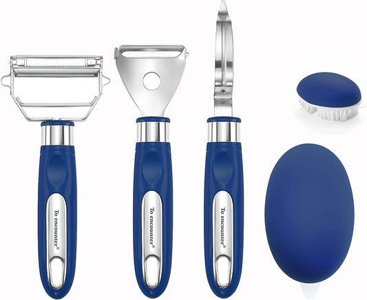 Kitchen Gadget Set of 4: Stainless Steel Vegetable Peelers with Ultra Sharp Blades, Ergonomic Handles, and Cleaning Brush for Added Convenience.