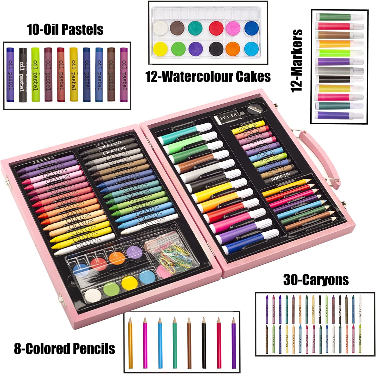  86-Piece Kid's Art Colouring Set, Wooden Case with Drawing Supplies, Including Markers, Crayons, and Coloured Pencils, Perfect for Young Artists - Boys, Girls, Teens (Pink Version)