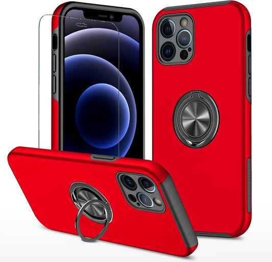 Premium Protective Case for Apple iPhone 12 Pro Max with Screen Protector, Ring Holder, and Kickstand - Slim, Shockproof, and Stylish - Red (6.5 inch)