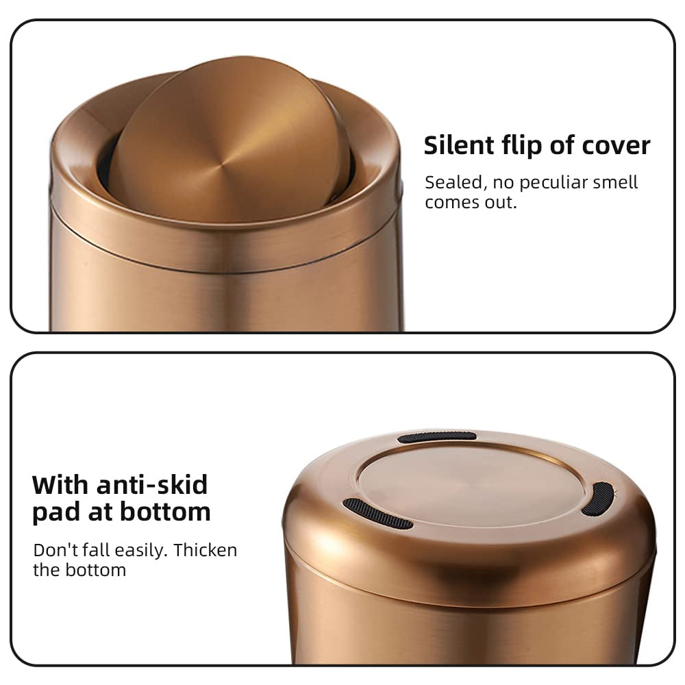 10 L/2.6Gallen,Swing Lid Gold Brass Trash Can- Flipping Lid,  Brushed Stainless Steel Garbage Can, for Bathroom, Kitchen,Living Room,Bedroom,Hotel (Rose Gold)